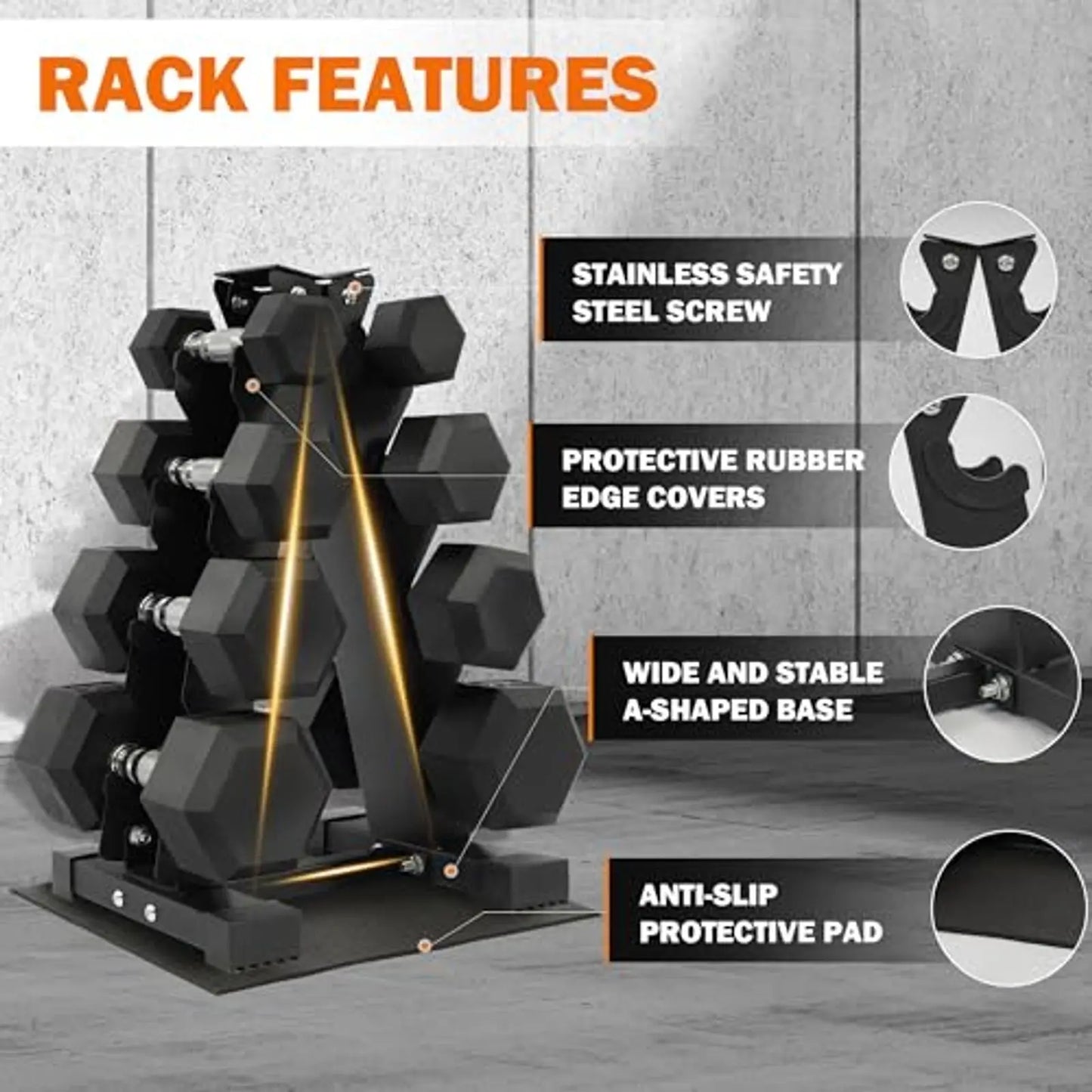 Dumbbell Set With Storage Rack Rubber Coated Hex Weights