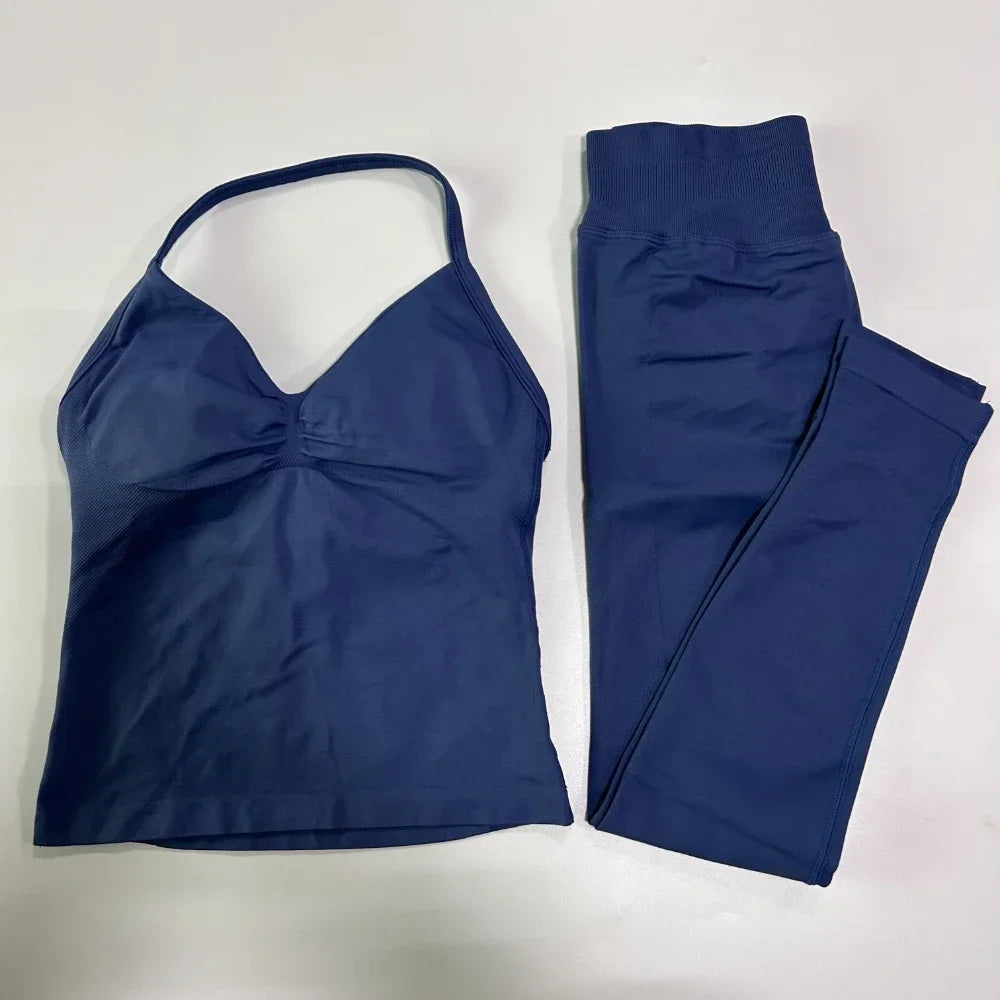 No Logo Seamless Gym Set Women Tank Tops Leggings Activewear