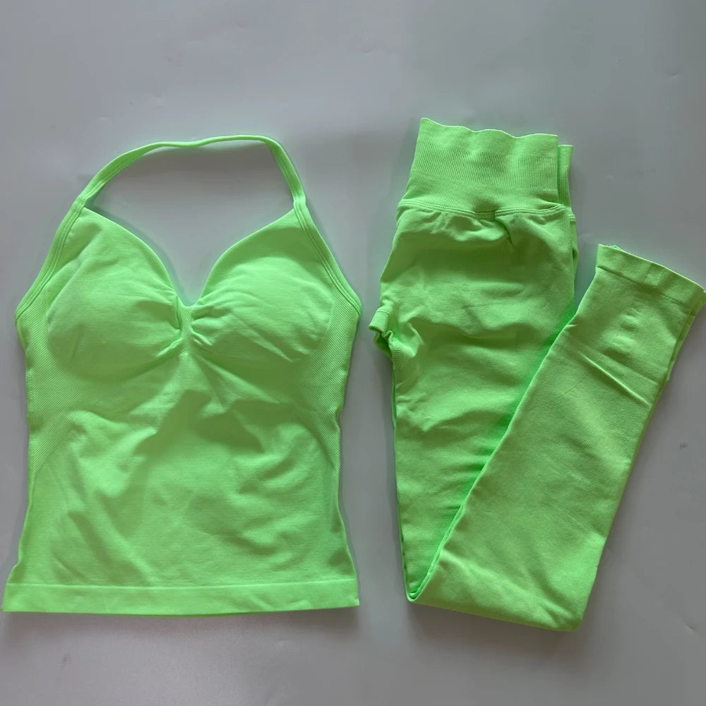 No Logo Seamless Gym Set Women Tank Tops Leggings Activewear