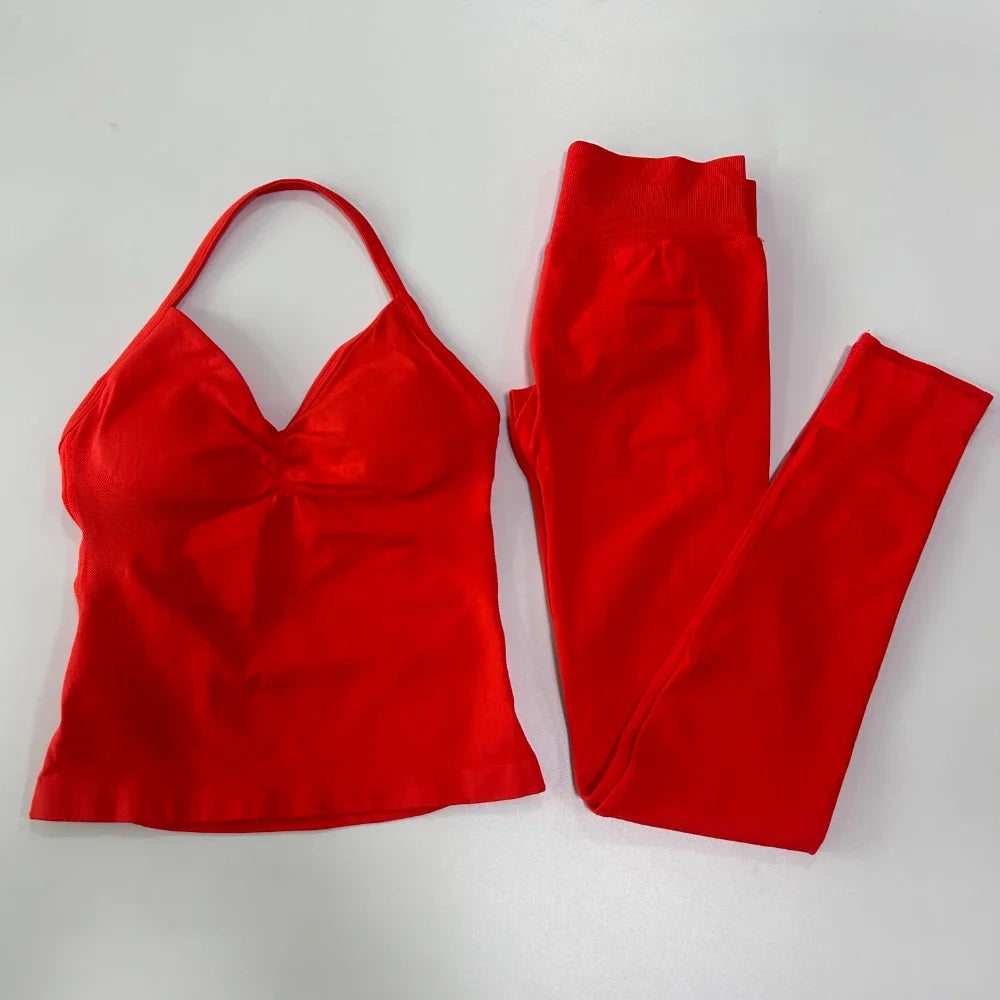 No Logo Seamless Gym Set Women Tank Tops Leggings Activewear