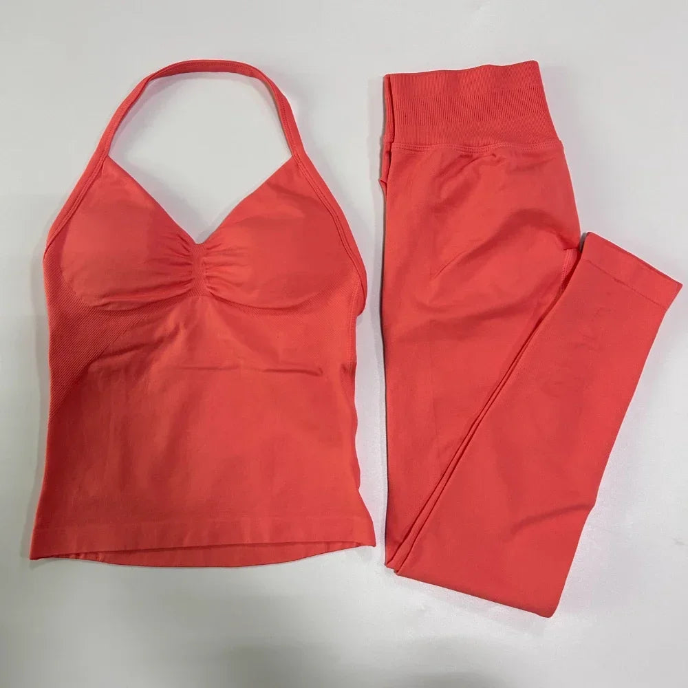 No Logo Seamless Gym Set Women Tank Tops Leggings Activewear