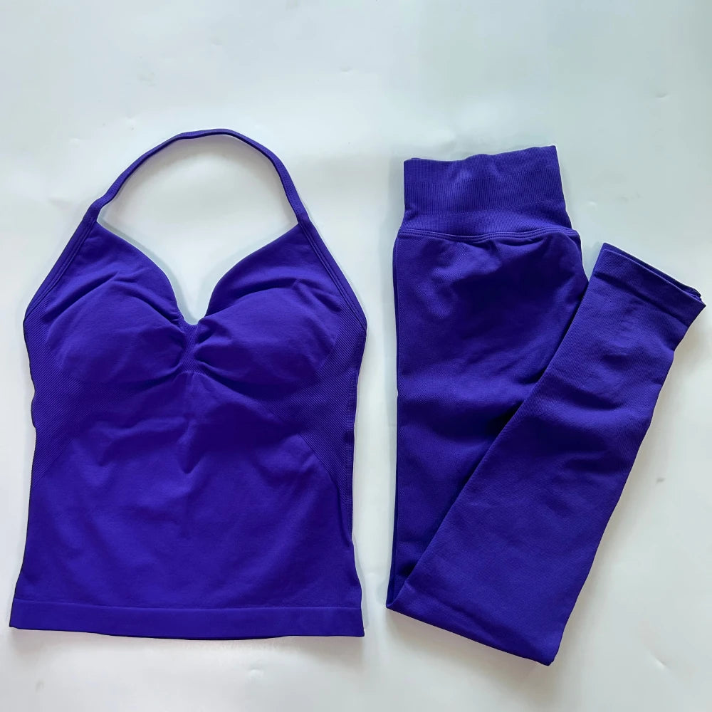 No Logo Seamless Gym Set Women Tank Tops Leggings Activewear