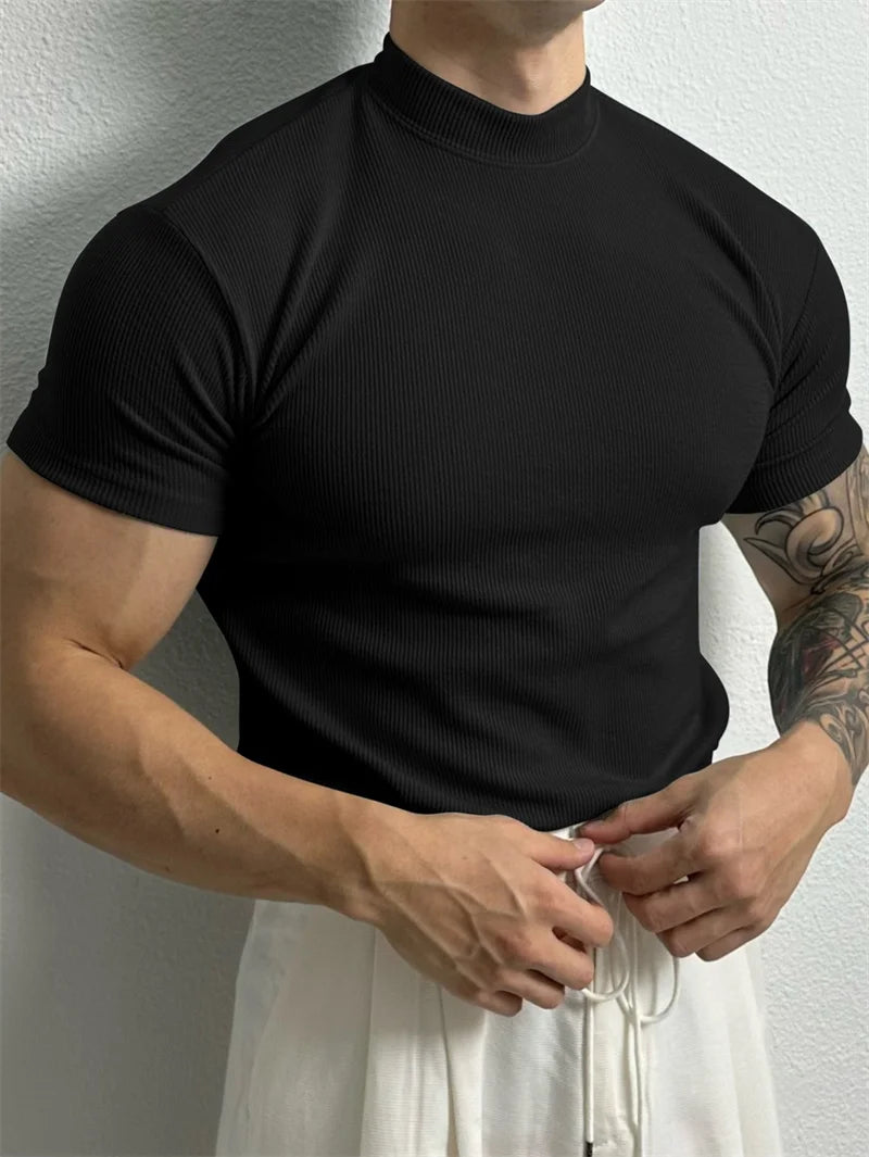 Men's Striped High Collar Short Sleeve T Shirt For Sport And Leisure