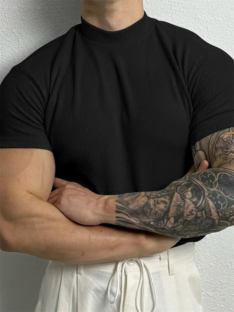 Men's Striped High Collar Short Sleeve T Shirt For Sport And Leisure