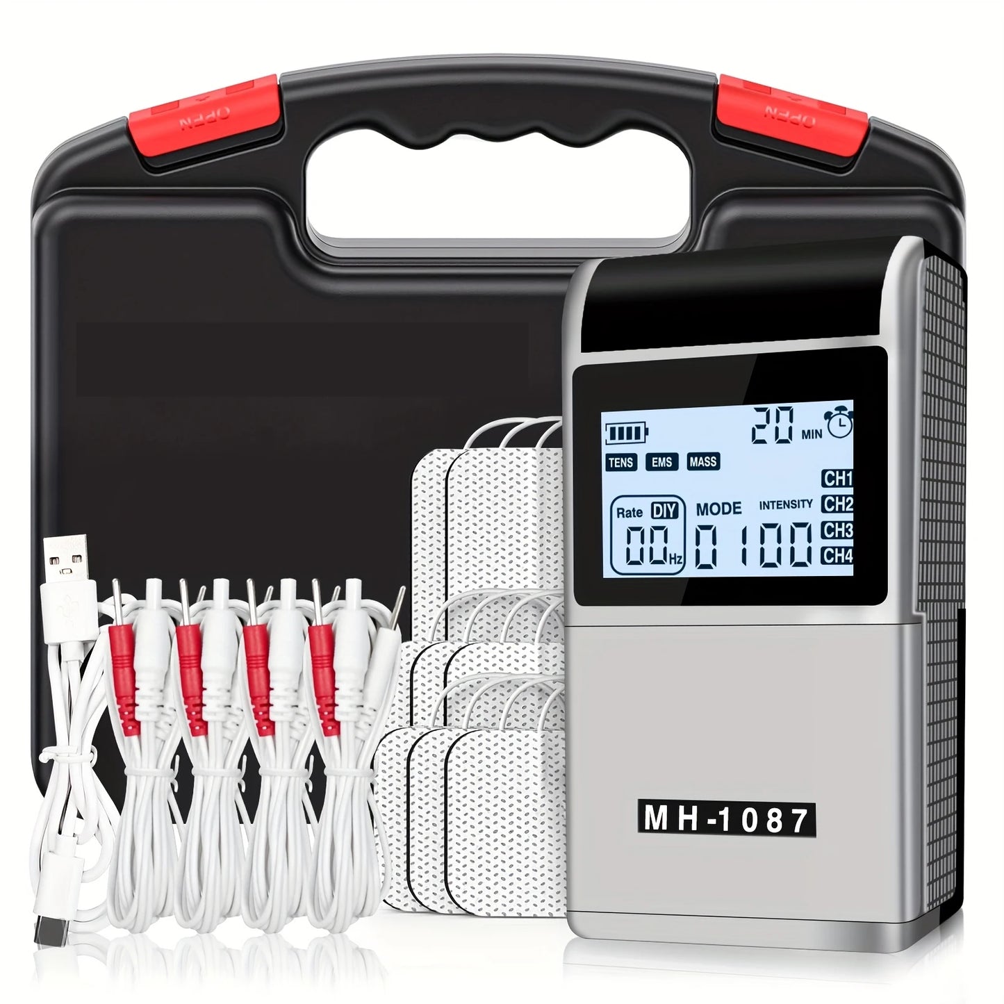TENS EMS Rechargeable Device With 8 Pads And Carry Case