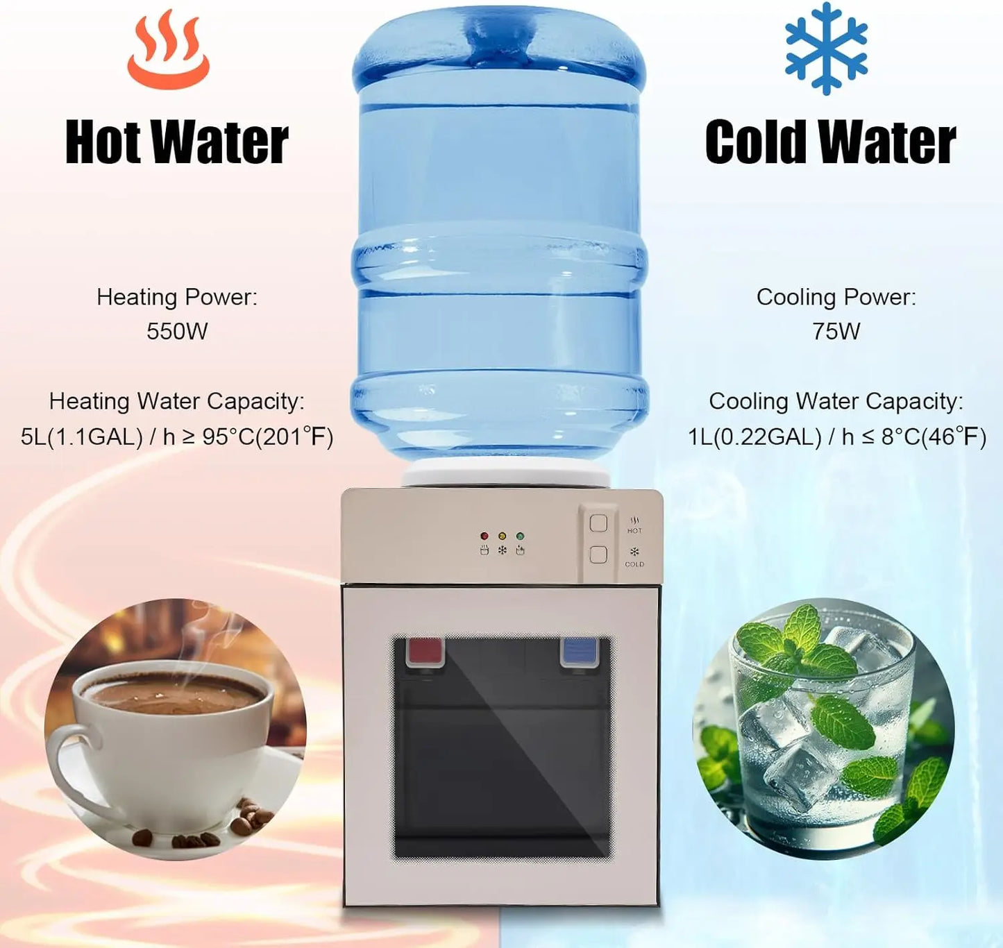 5Gallon Top Loading Water Cooler Dispenser,Hot/Cold Drinking Machine,Countertop water dispenser with three temperature settings
