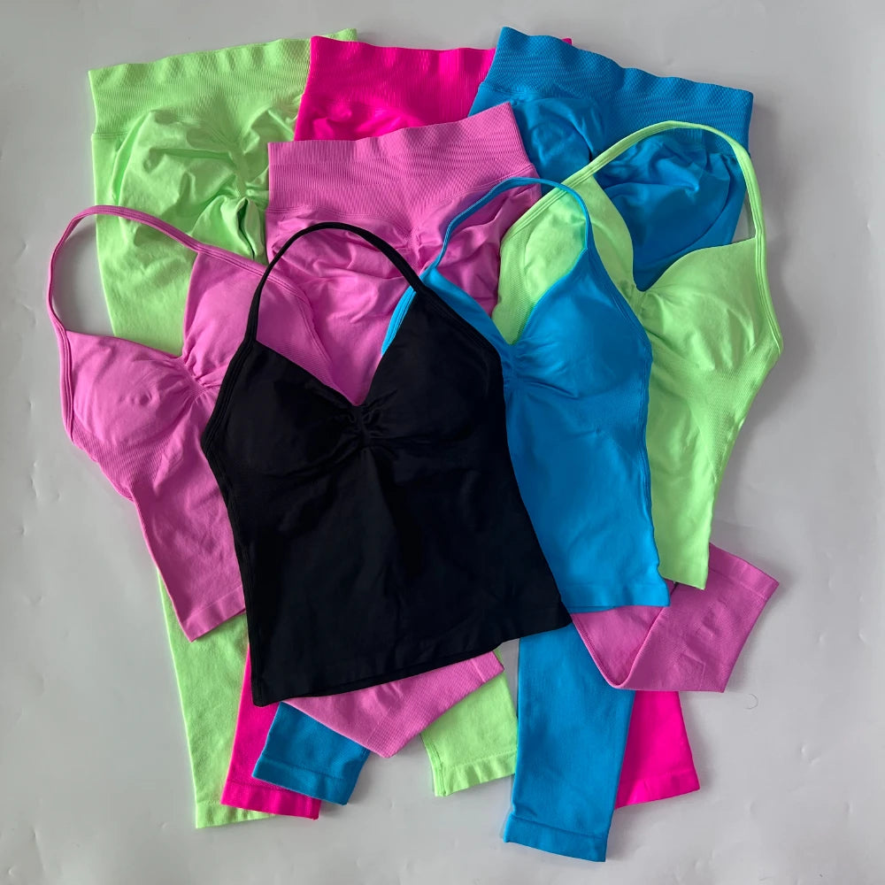 No Logo Seamless Gym Set Women Tank Tops Leggings Activewear
