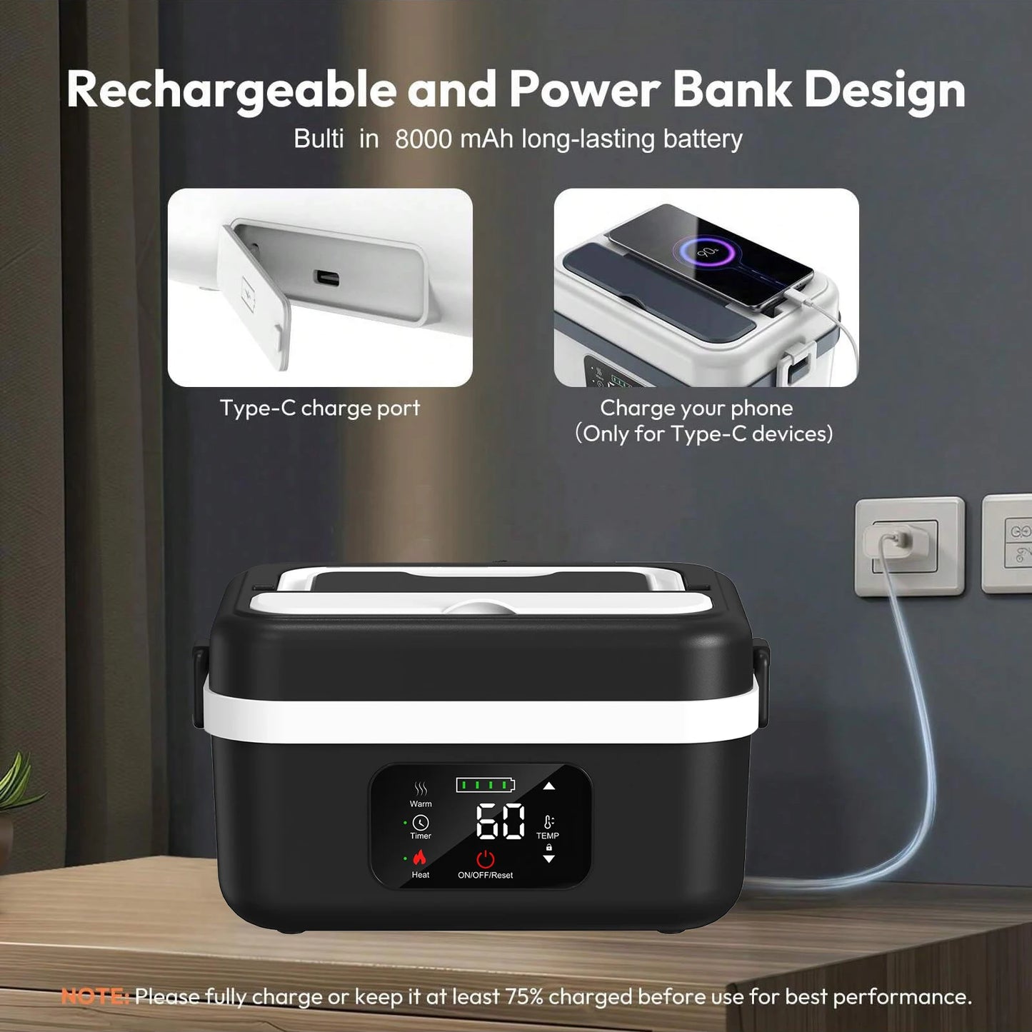 Wireless Insulated Lunch Box With 8000mAh Battery And 60W Warmer