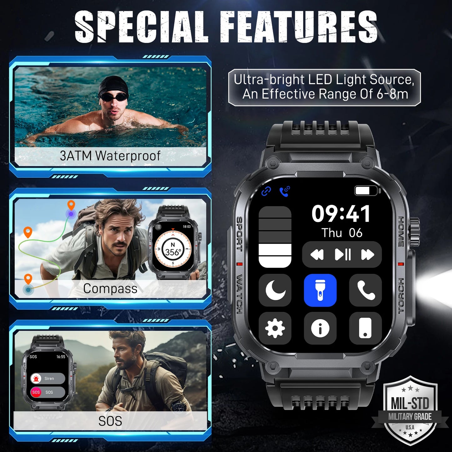 LaNikar S320B Smart Watch with Compass and LED Flashlight