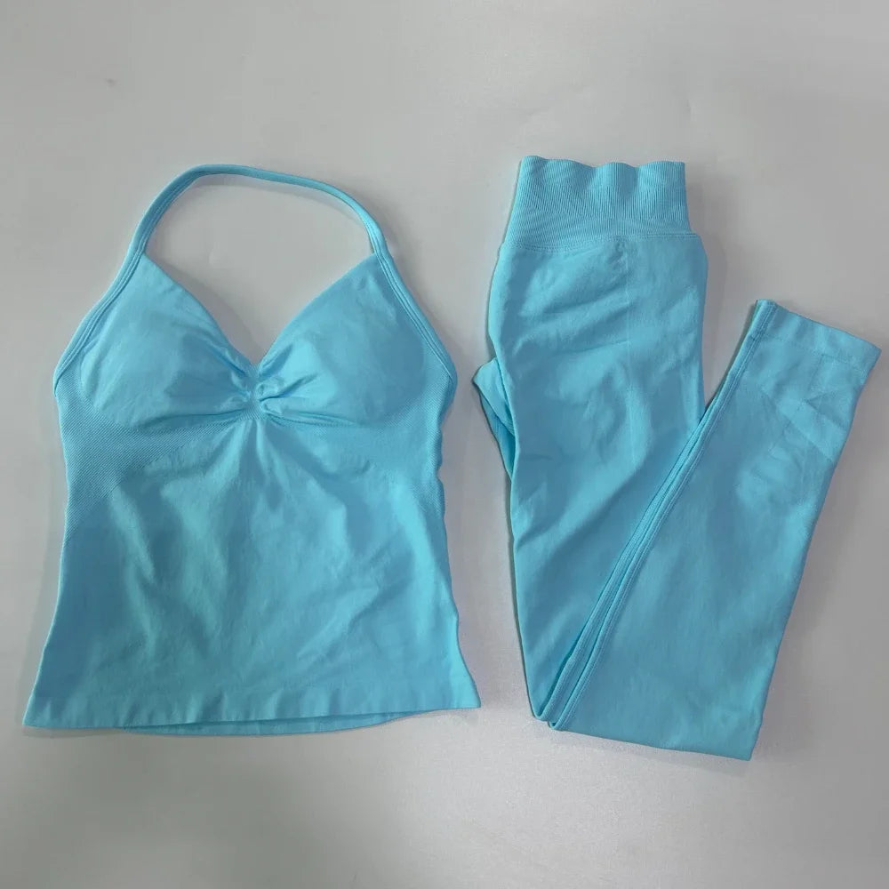 No Logo Seamless Gym Set Women Tank Tops Leggings Activewear