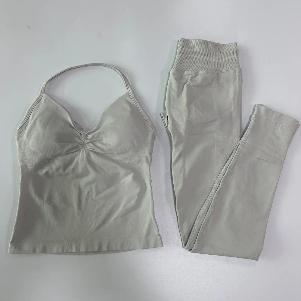 No Logo Seamless Gym Set Women Tank Tops Leggings Activewear