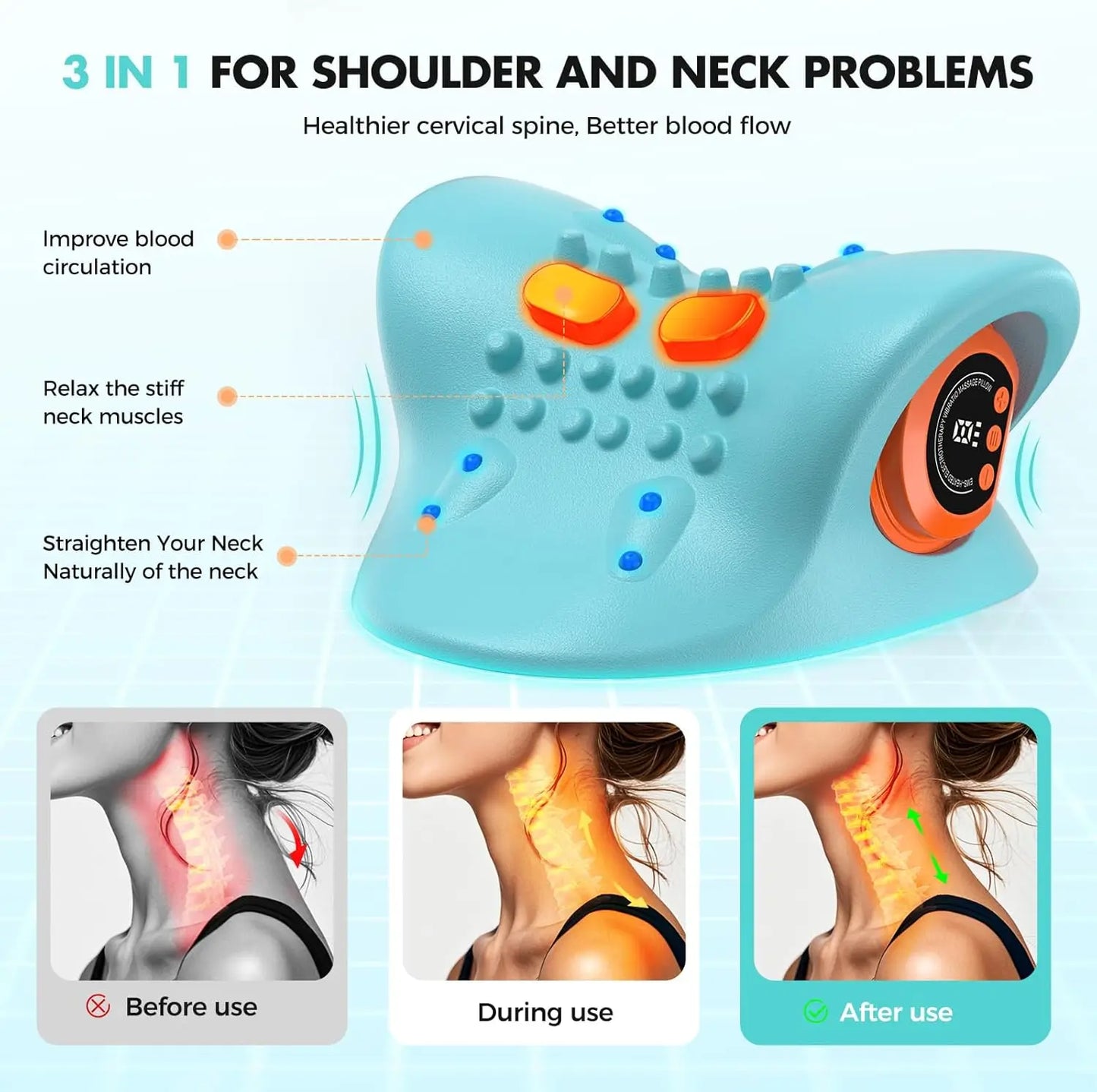 Rechargeable Portable Neck Massager Pillow 3-in-1 Shiatsu with Remote