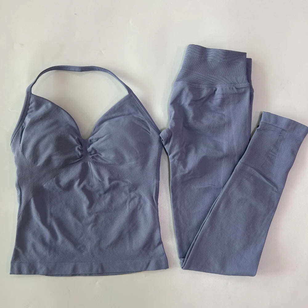 No Logo Seamless Gym Set Women Tank Tops Leggings Activewear