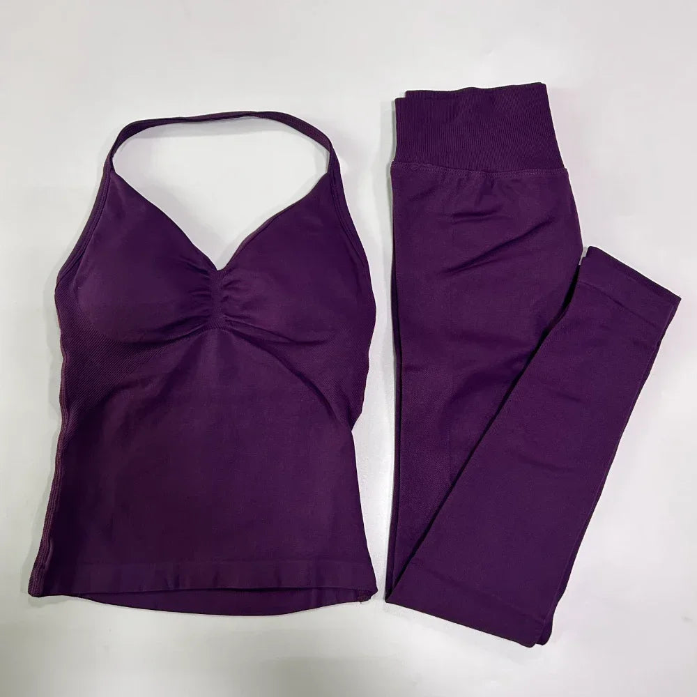 No Logo Seamless Gym Set Women Tank Tops Leggings Activewear