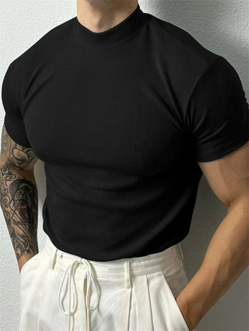 Men's Striped High Collar Short Sleeve T Shirt For Sport And Leisure