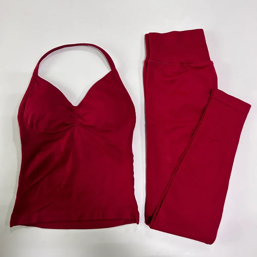 No Logo Seamless Gym Set Women Tank Tops Leggings Activewear