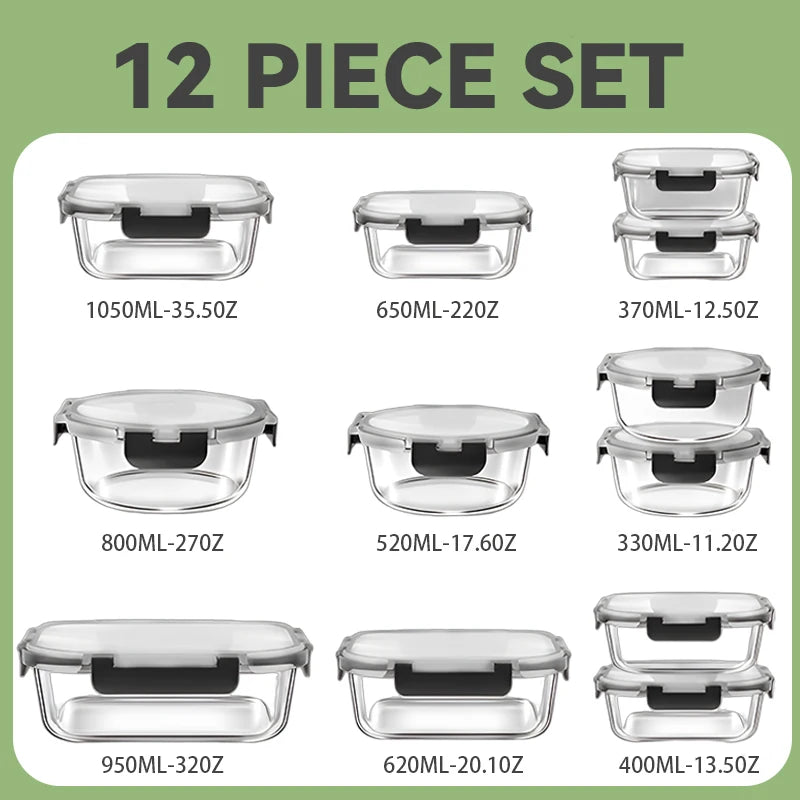 Glass Lunch Containers, 12-Piece, BPA Free, Dishwasher Safe