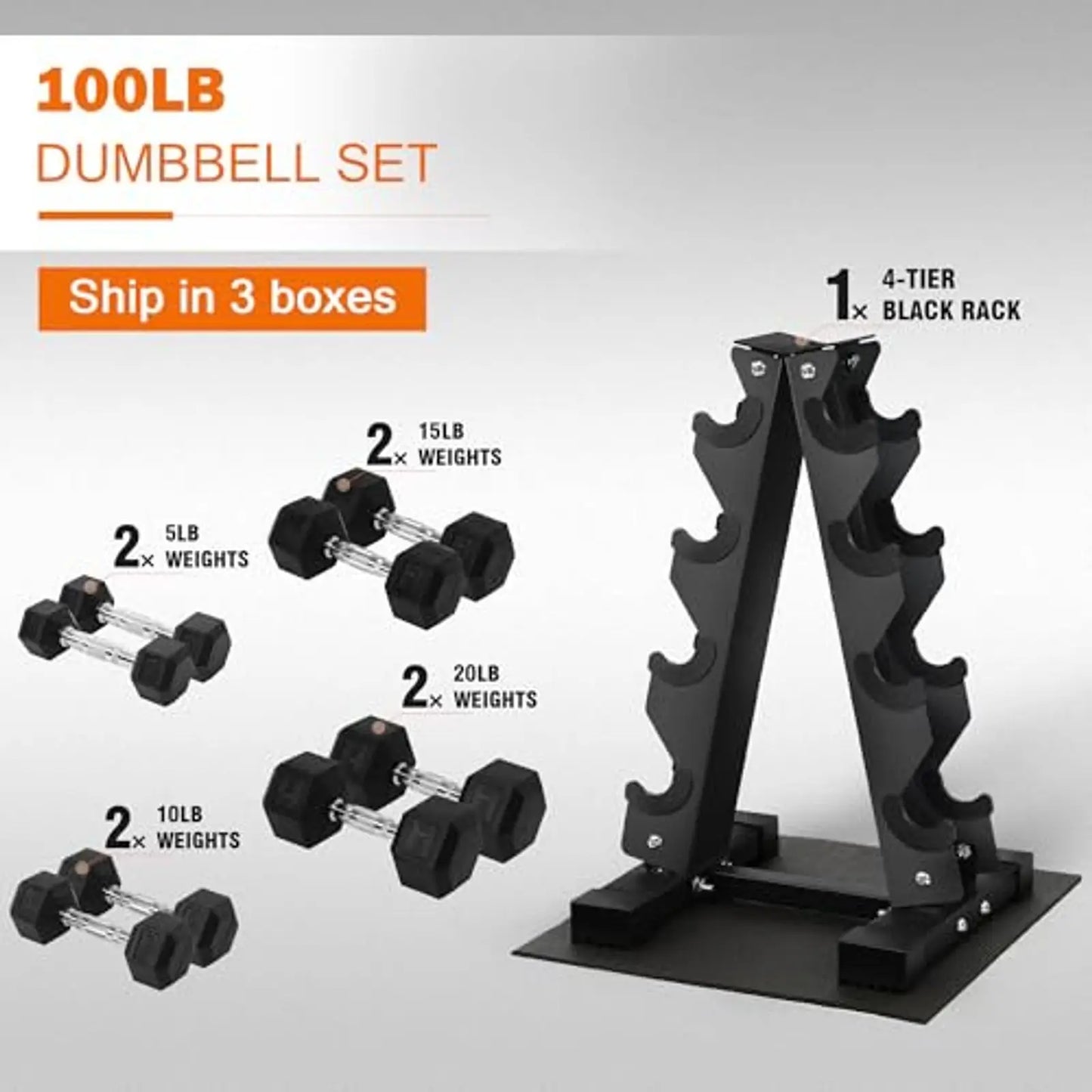 Dumbbell Set With Storage Rack Rubber Coated Hex Weights