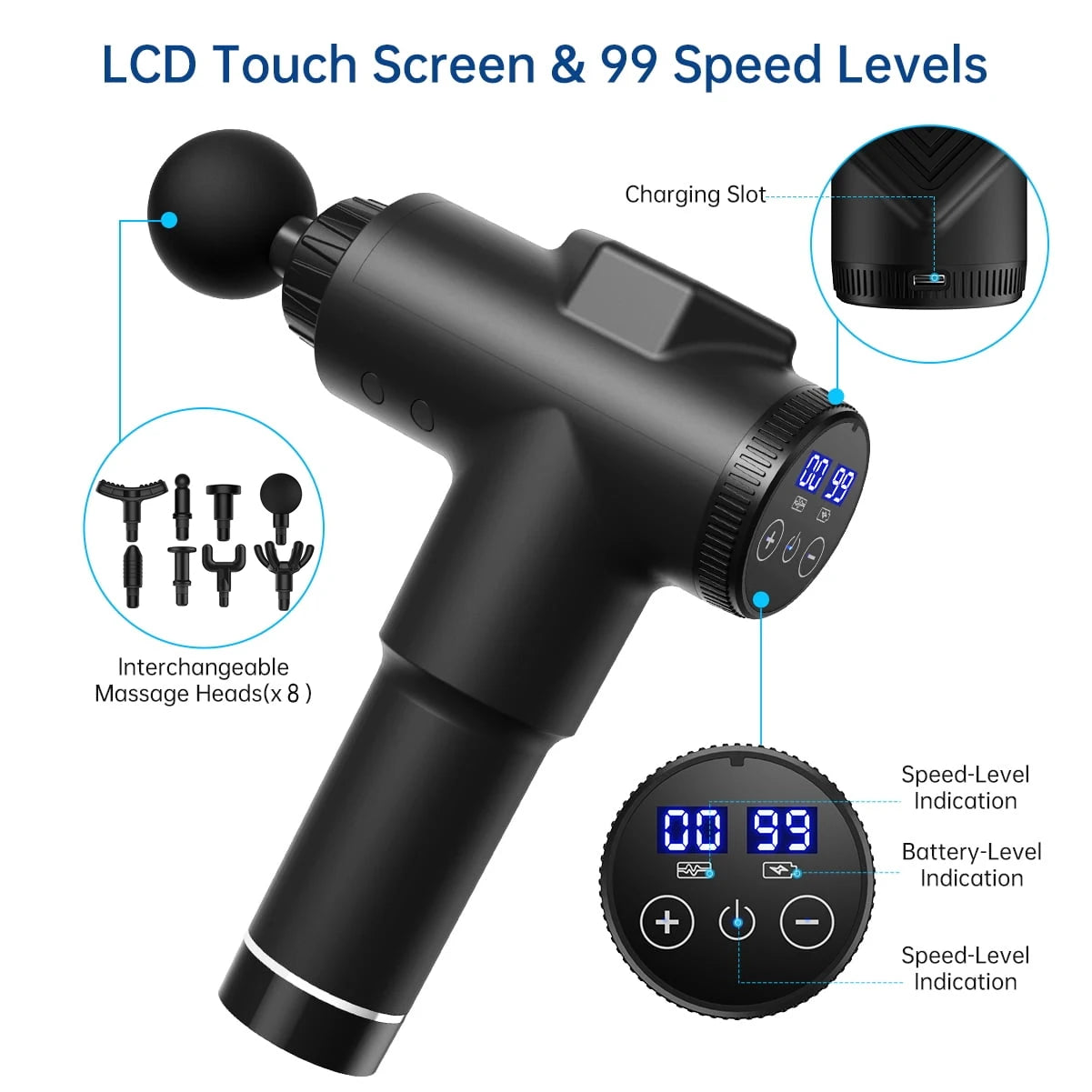 Rechargeable Cordless Massage Gun 8 Attachments Deep Tissue Muscle Relaxation Portable Body Massager for Home Use
