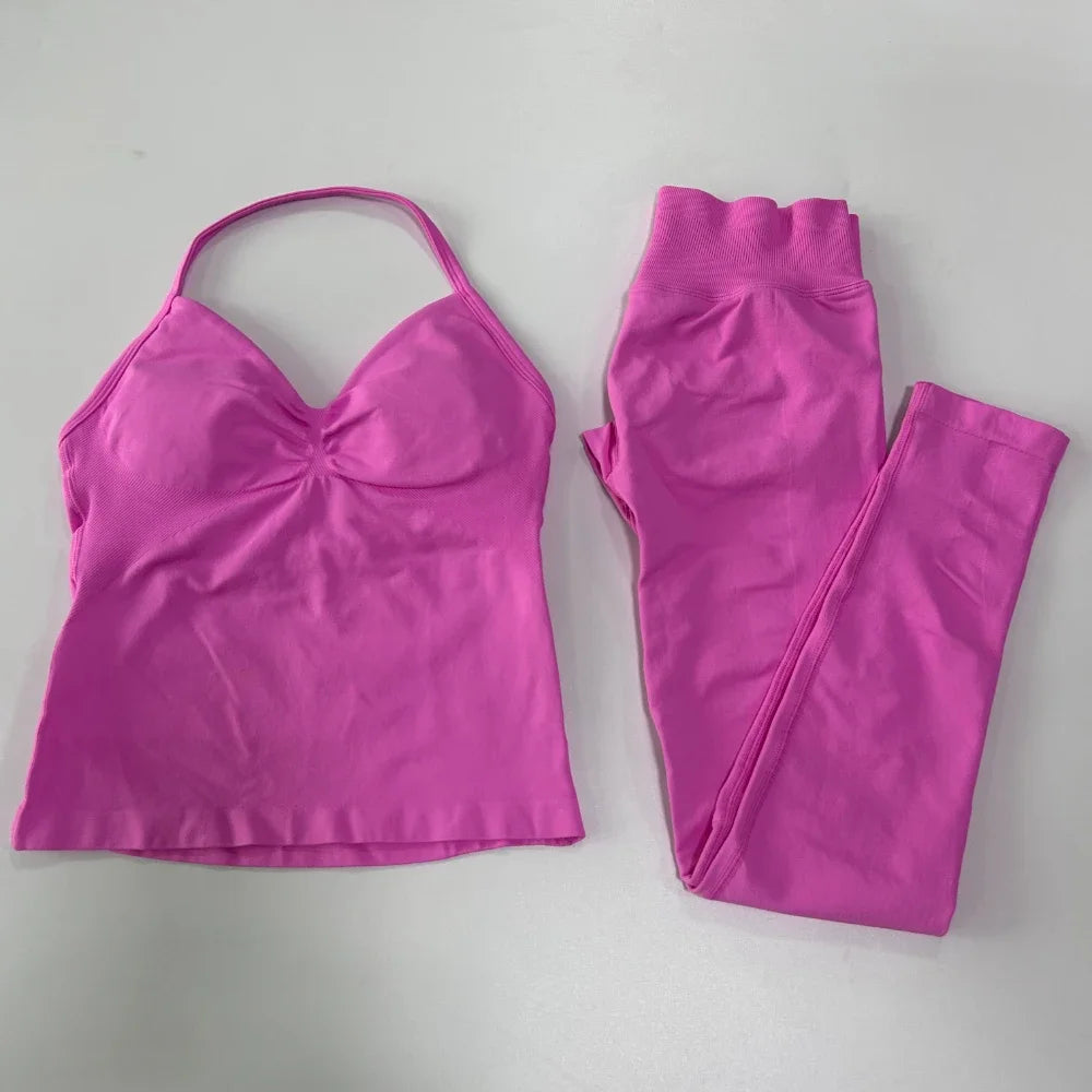 No Logo Seamless Gym Set Women Tank Tops Leggings Activewear