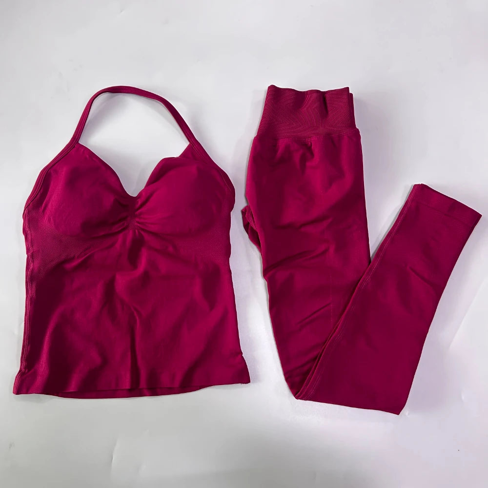 No Logo Seamless Gym Set Women Tank Tops Leggings Activewear
