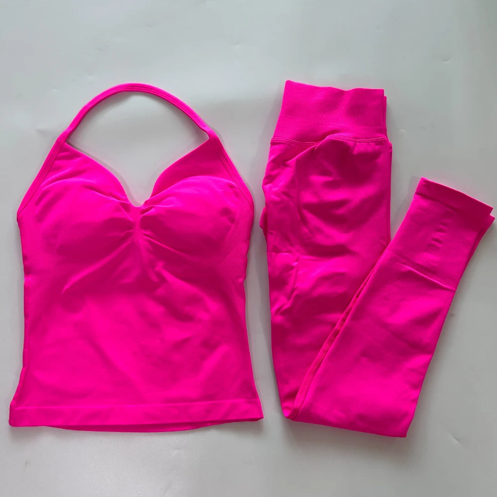 No Logo Seamless Gym Set Women Tank Tops Leggings Activewear