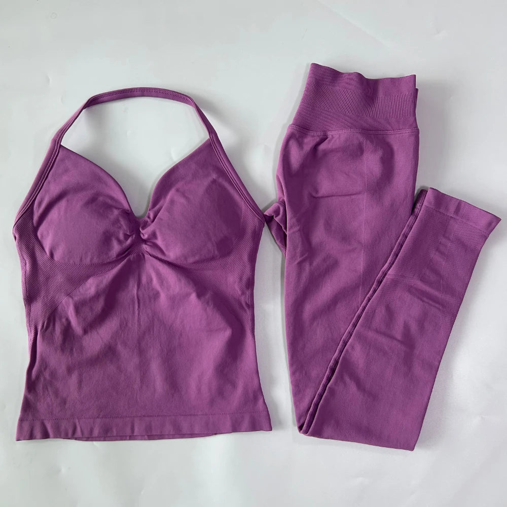 No Logo Seamless Gym Set Women Tank Tops Leggings Activewear