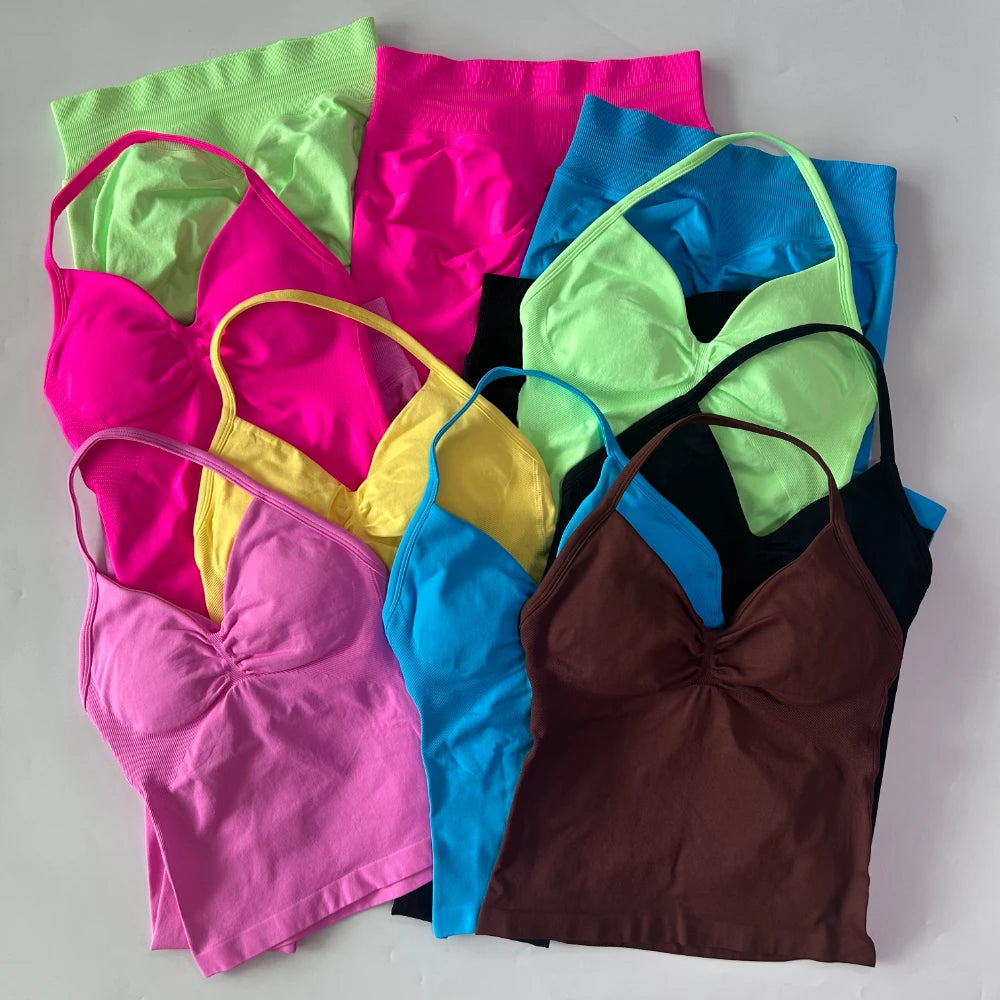 No Logo Seamless Gym Set Women Tank Tops Leggings Activewear