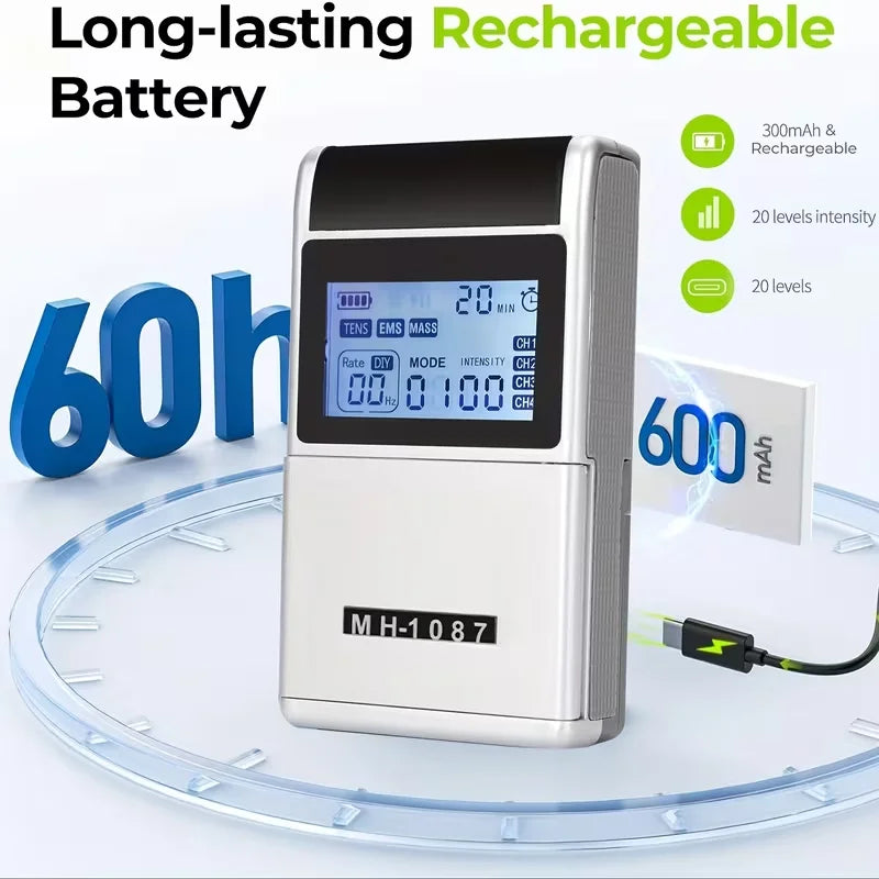 TENS EMS Rechargeable Device With 8 Pads And Carry Case