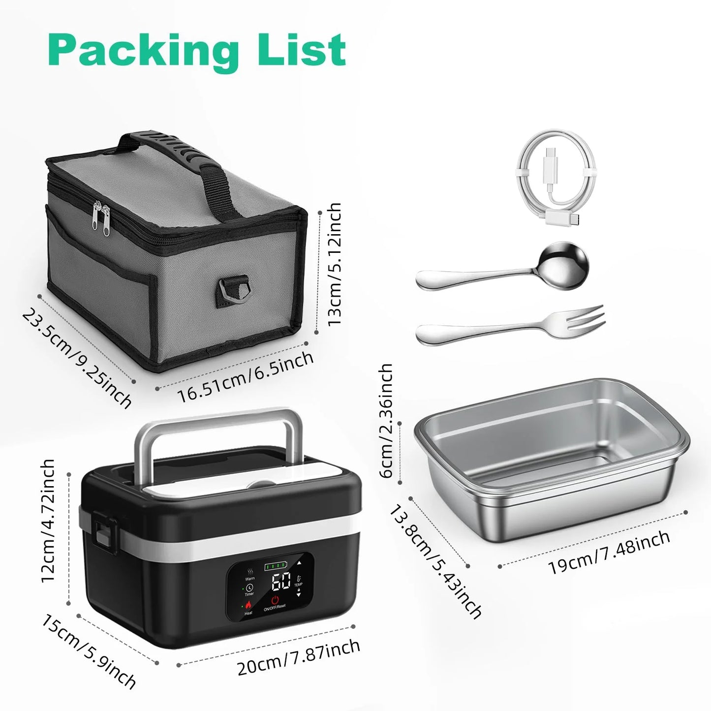 Wireless Insulated Lunch Box With 8000mAh Battery And 60W Warmer
