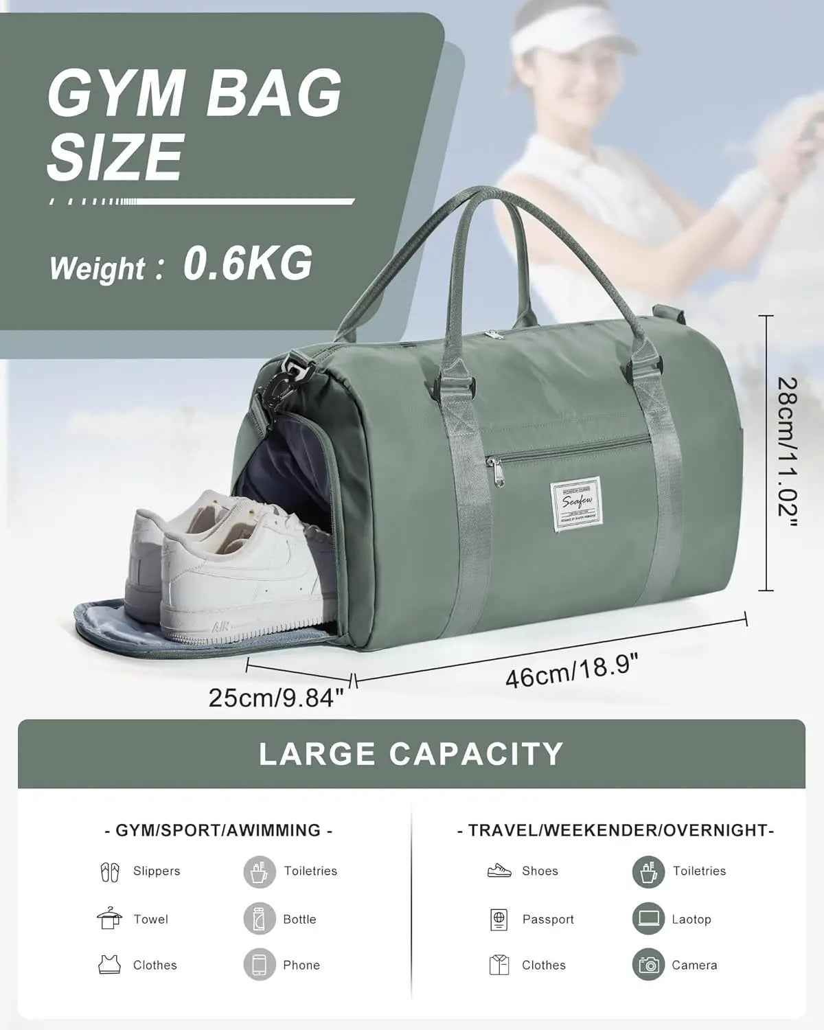Women's Gym Bag, Travel Duffel Carry-On Sport Tote for Weekend Overnight Trips