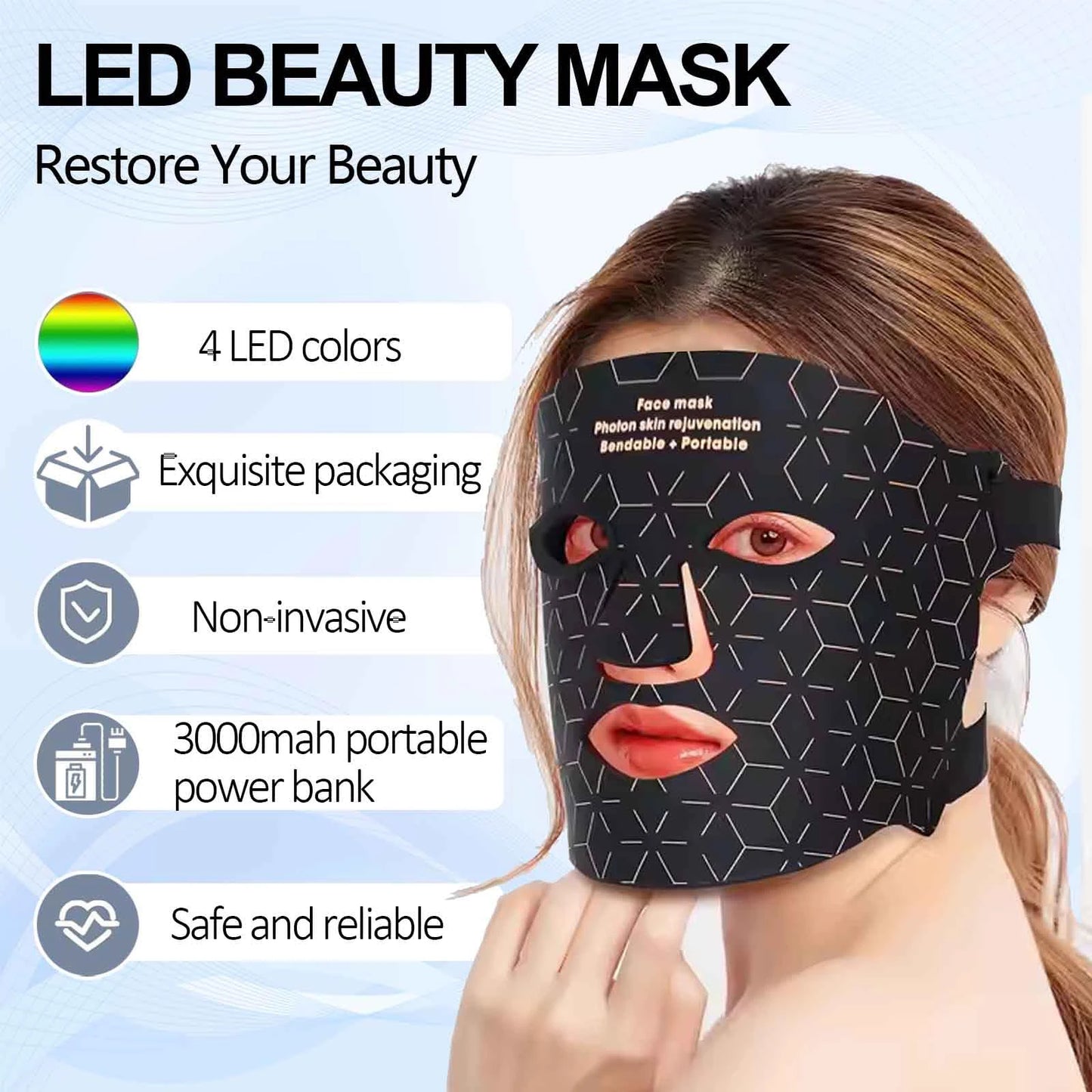 UBilli 4 Modes Portable LED Face Mask Red Light Therapy for Anti Aging