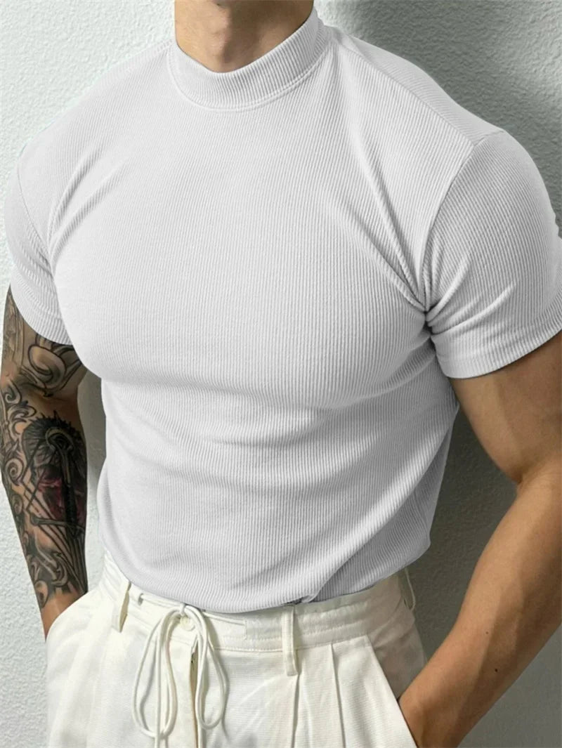Men's Striped High Collar Short Sleeve T Shirt For Sport And Leisure