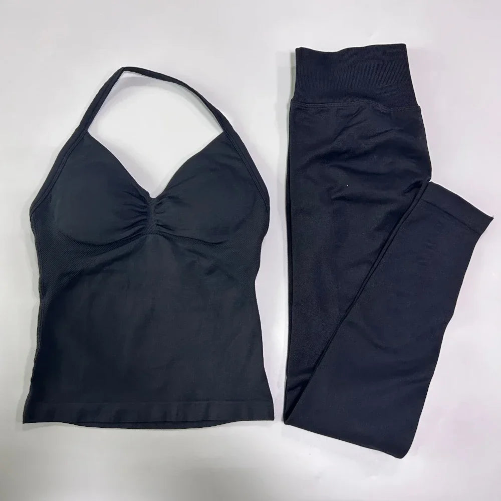 No Logo Seamless Gym Set Women Tank Tops Leggings Activewear