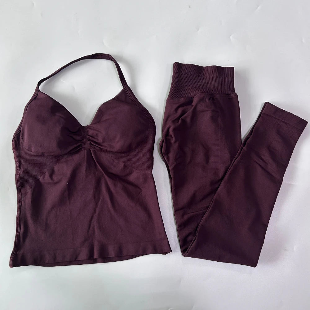 No Logo Seamless Gym Set Women Tank Tops Leggings Activewear