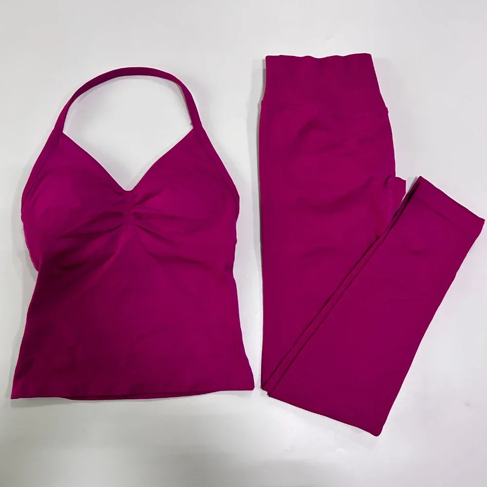 No Logo Seamless Gym Set Women Tank Tops Leggings Activewear