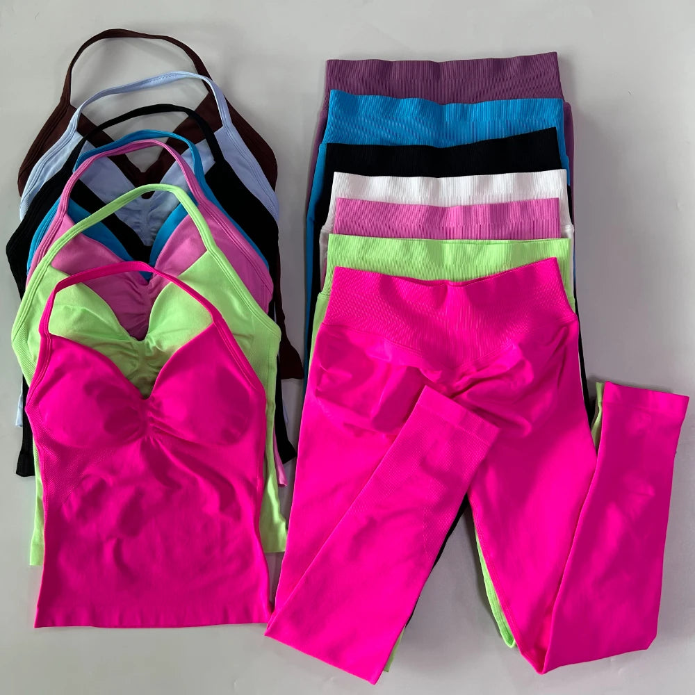 No Logo Seamless Gym Set Women Tank Tops Leggings Activewear