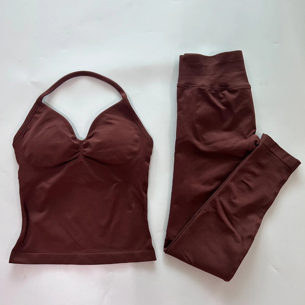 No Logo Seamless Gym Set Women Tank Tops Leggings Activewear
