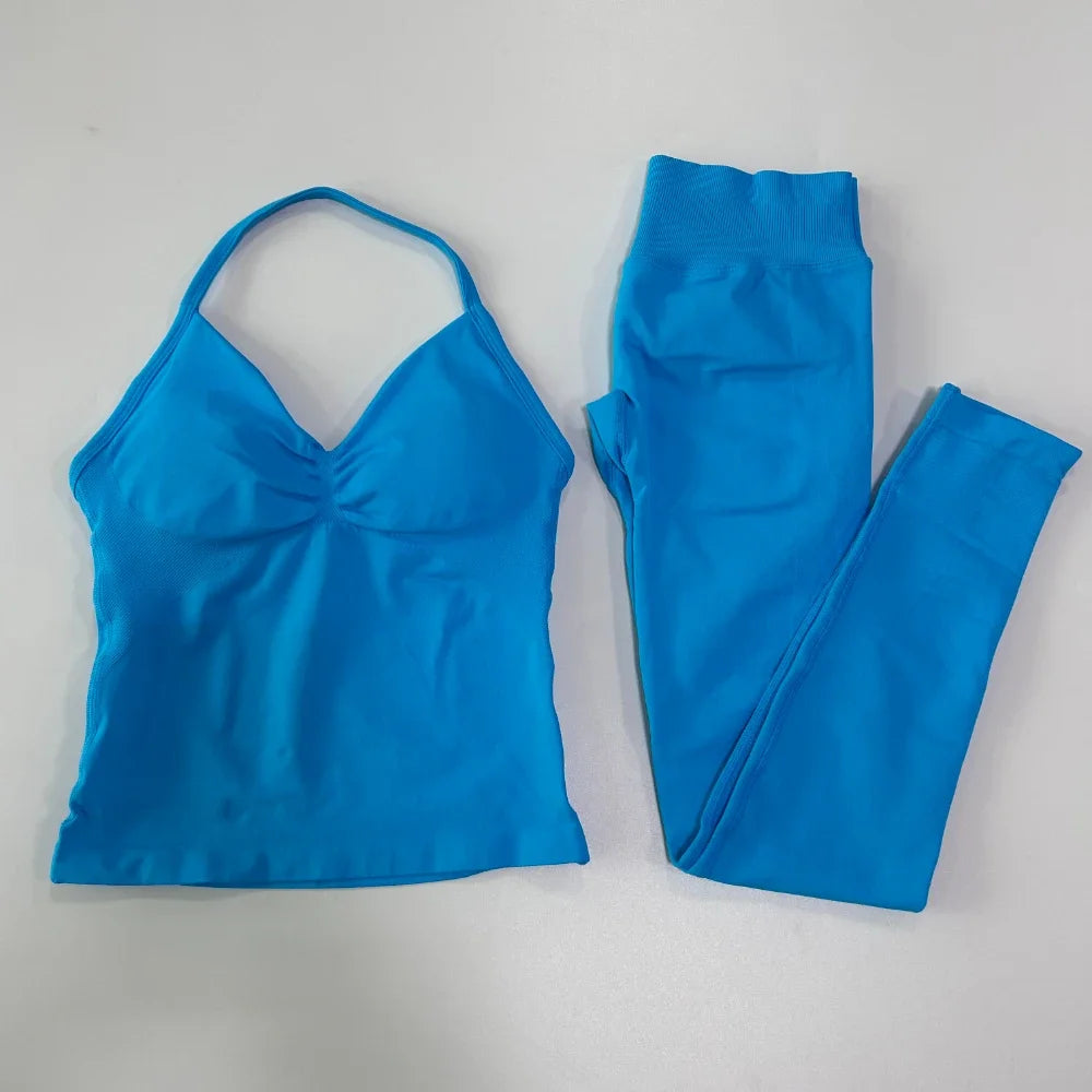 No Logo Seamless Gym Set Women Tank Tops Leggings Activewear