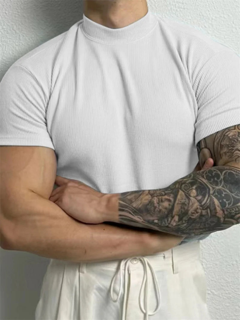 Men's Striped High Collar Short Sleeve T Shirt For Sport And Leisure