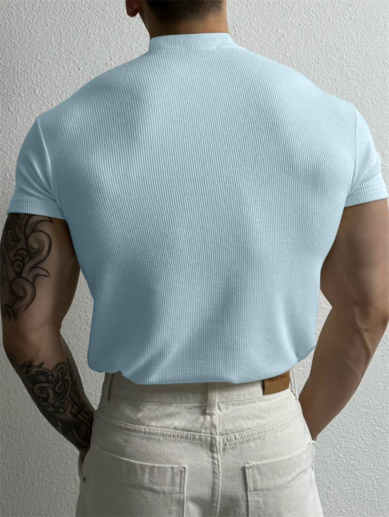 Men's Striped High Collar Short Sleeve T Shirt For Sport And Leisure