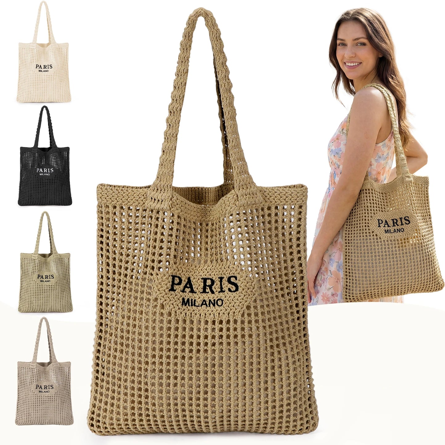 NONECN Crochet Tote Bag For Women Mesh Beach Tote Bag