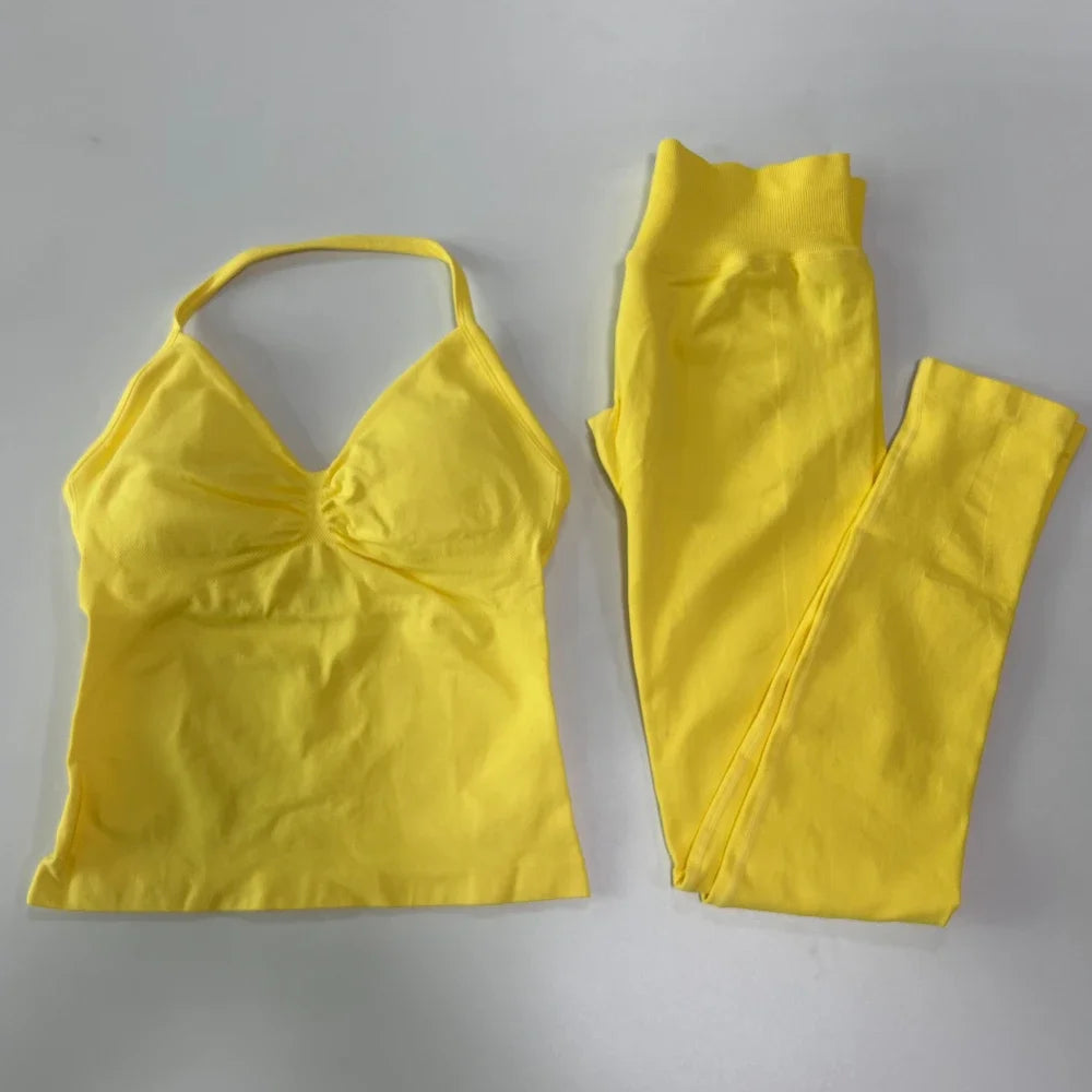 No Logo Seamless Gym Set Women Tank Tops Leggings Activewear