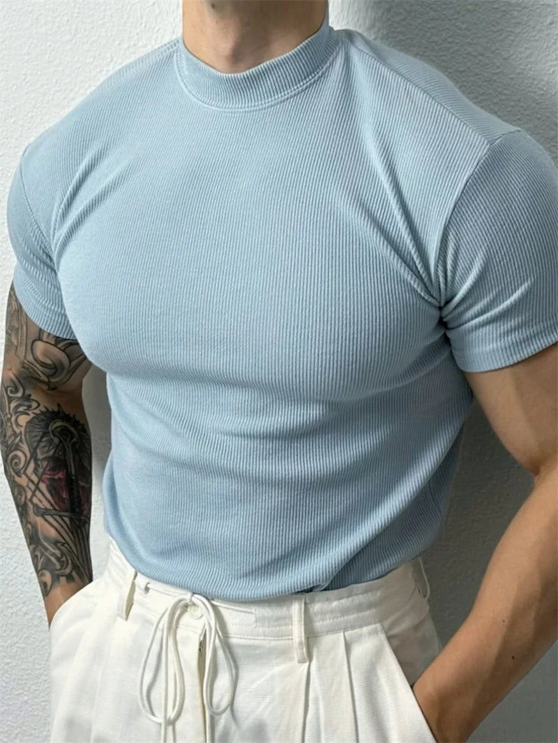 Men's Striped High Collar Short Sleeve T Shirt For Sport And Leisure