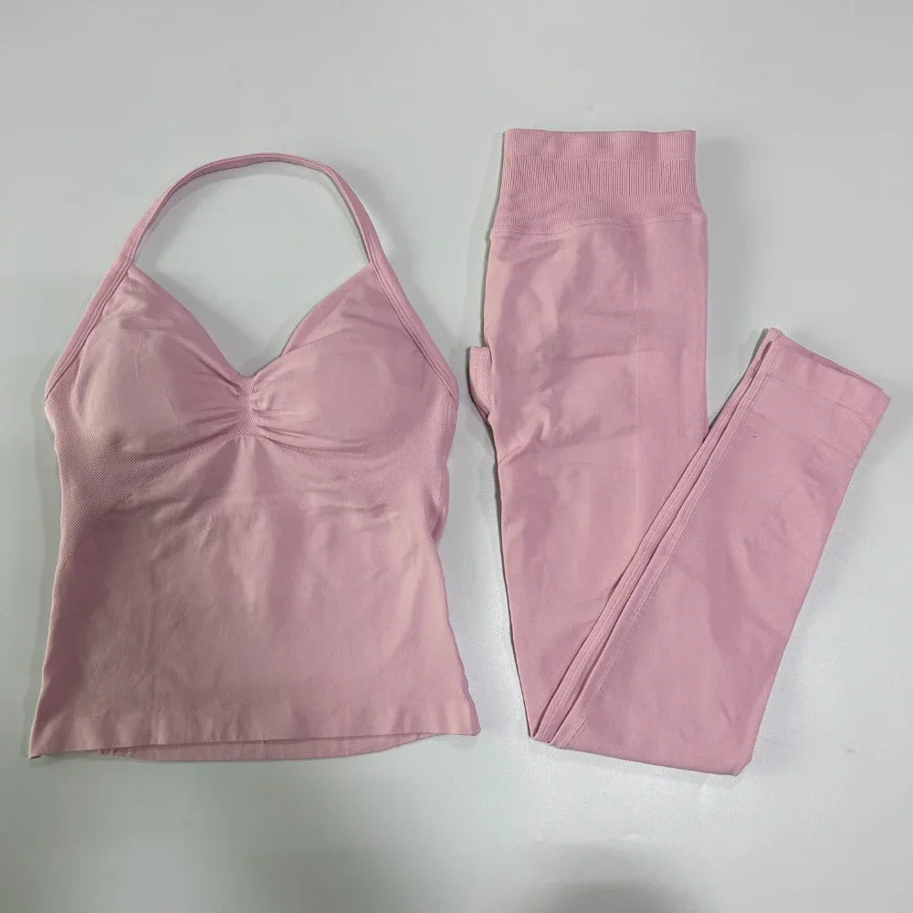No Logo Seamless Gym Set Women Tank Tops Leggings Activewear