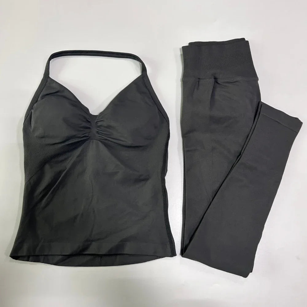No Logo Seamless Gym Set Women Tank Tops Leggings Activewear